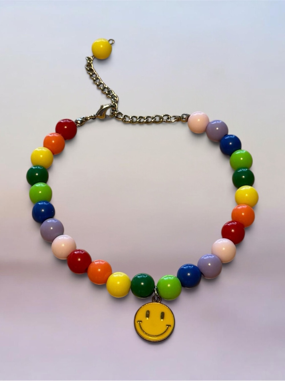 Rainbow Beaded Pet Necklace with Yellow Smile Pendant - S/M